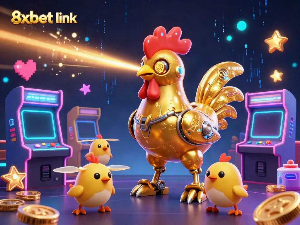 Engage in gaming excitement with the 8xbet link, featuring a futuristic golden rooster robot amidst vibrant arcade elements.