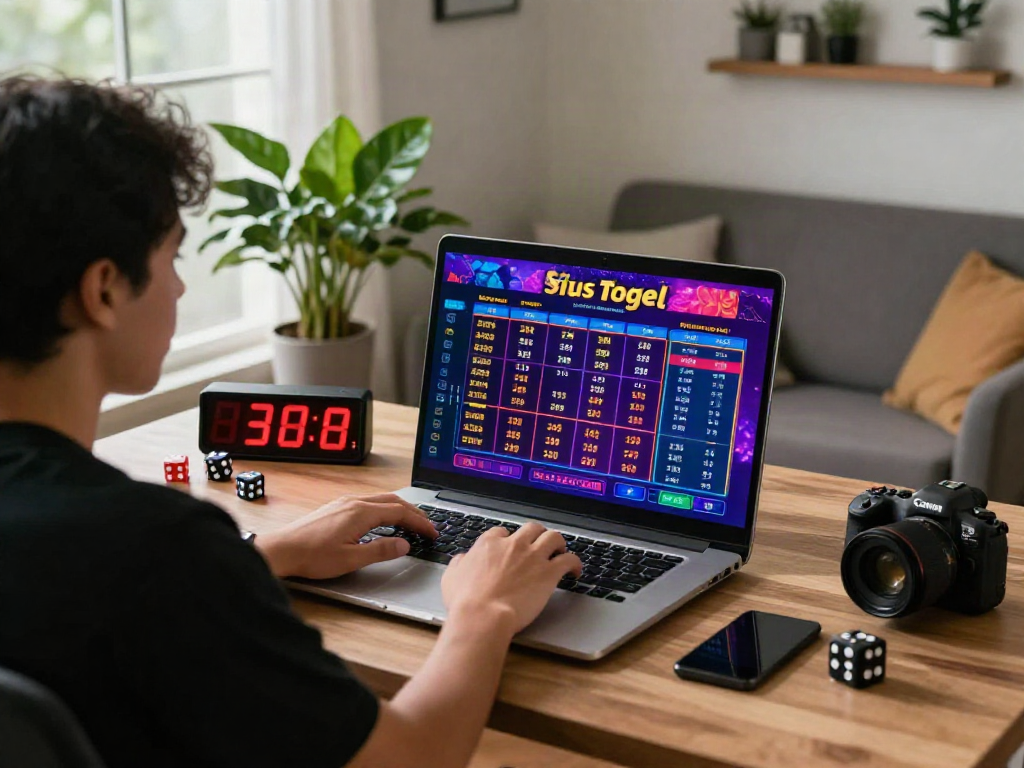 Engaged user exploring situs togel on a laptop in a stylish home office, surrounded by gaming decor and natural light.