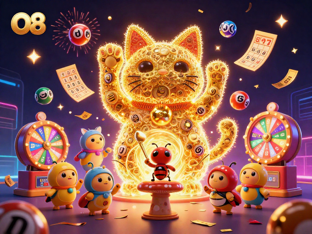 O8 amplifies excitement with a vibrant lucky cat and dynamic casino symbols in a magical scene.