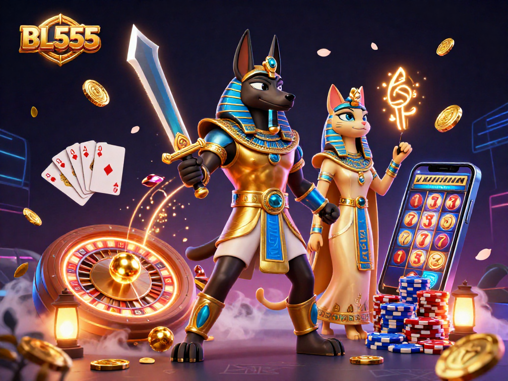 Engage in thrilling gaming at BL555 with an exhilarating 3D scene featuring Anubis and Bastet amidst cascading coins and vibrant casino elements.