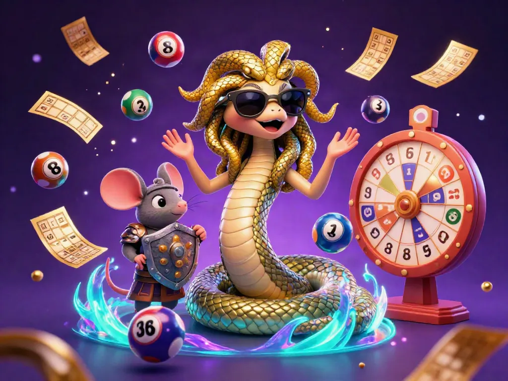Experience the excitement of WIN88 with a vibrant scene of Medusa and a warrior mouse amidst lottery elements.