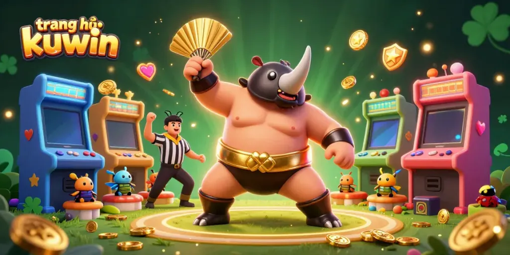 Experience excitement with trang chủ kuwin featuring the sumo champion beetle and glowing arcade elements.