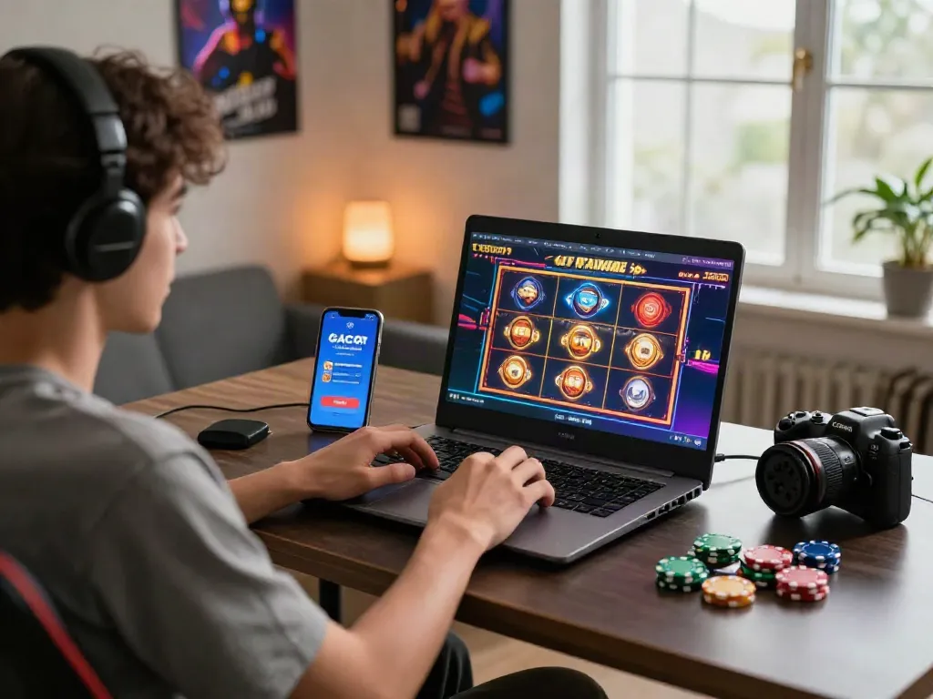 Player enjoying a slot gacor game on a laptop in a cozy gaming setup.
