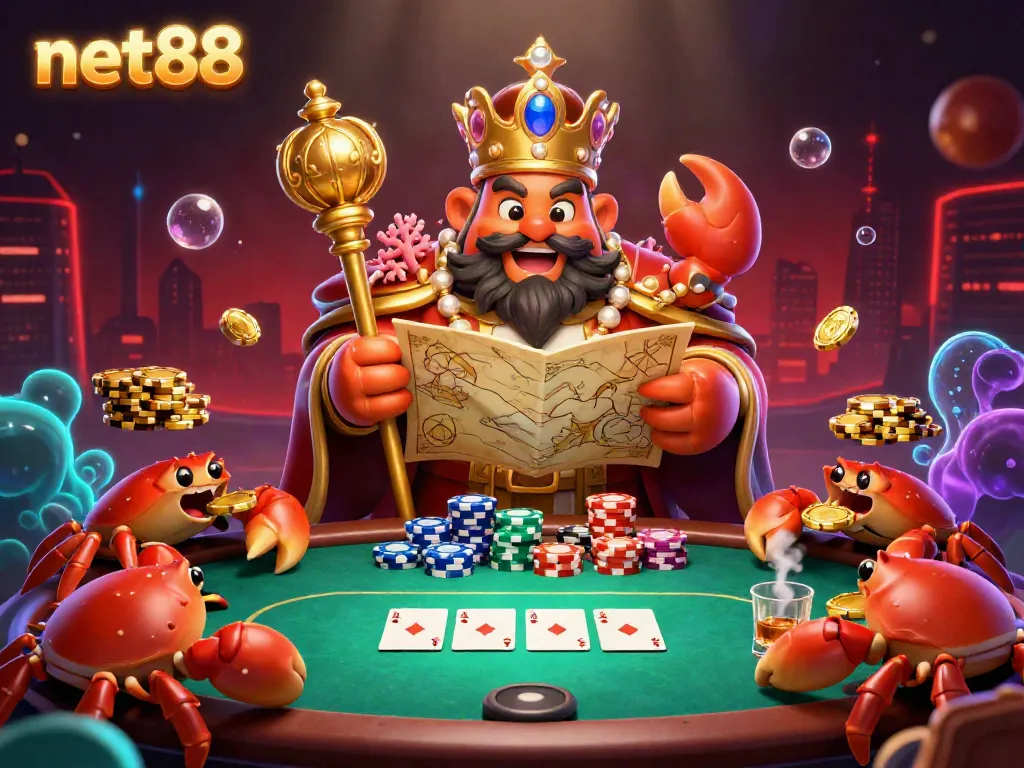 Engage in thrilling poker action at net88 with a vibrant illustrated scene featuring a golden crab emperor.