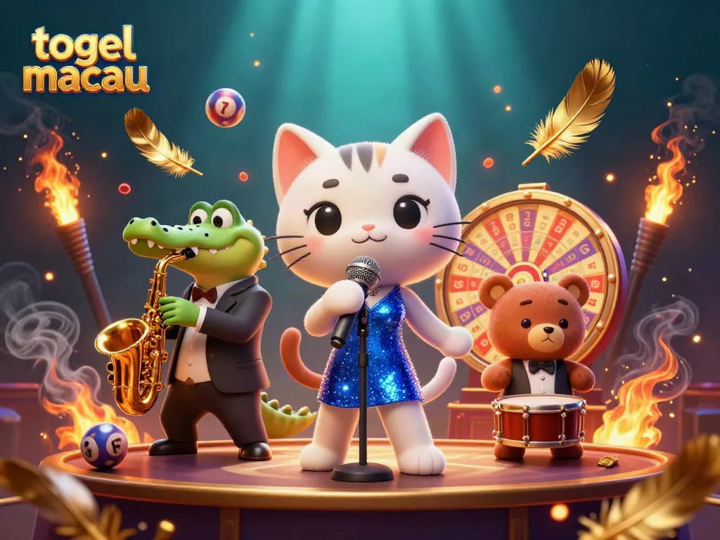 Engage in togel macau adventures with a jazzy cat, croc, and bear in a vibrant casino scene.