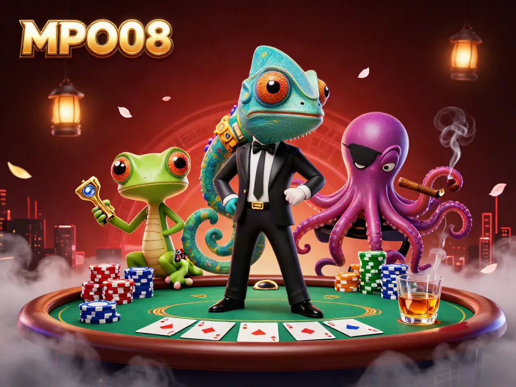 Experience the thrills of MPO08 at a vibrant poker scene with colorful characters and casino elements.
