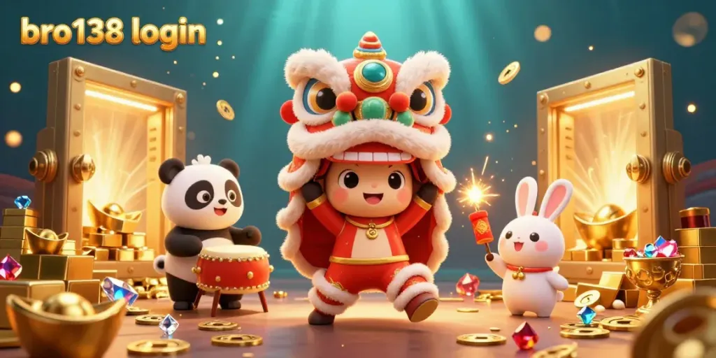 Engage with the exciting bro138 login gaming experience amidst vibrant 3D visuals, golden treasures, and festive characters.