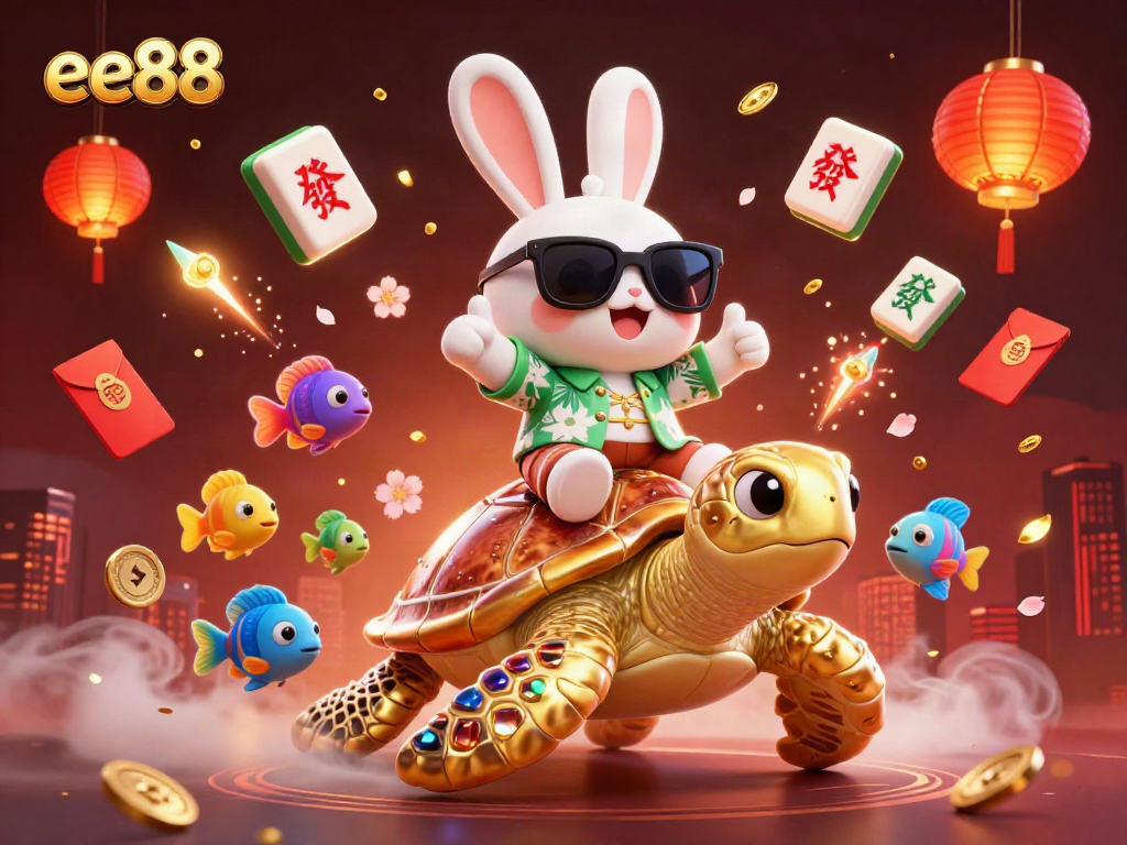 Experience exciting moments in ee88 casino with a lucky rabbit and golden sea turtle in a vibrant scene.