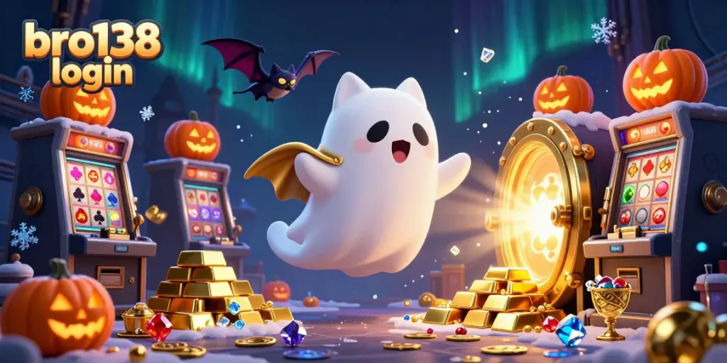Engage in thrilling gameplay with the ghost cat and bat companions at bro138 login, surrounded by sparkling treasures.
