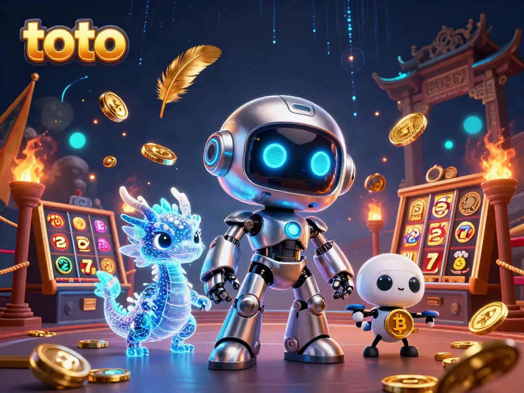 Engage in thrilling toto casino action with our neon-lit cyberpunk scene featuring a robot and holographic dragon.