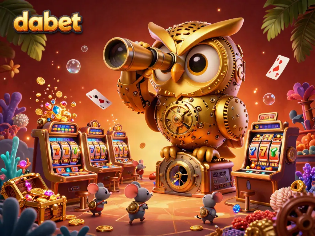 Experience excitement in Dabet's vibrant casino scene, where a golden owl oversees a dynamic slot machine floor.
