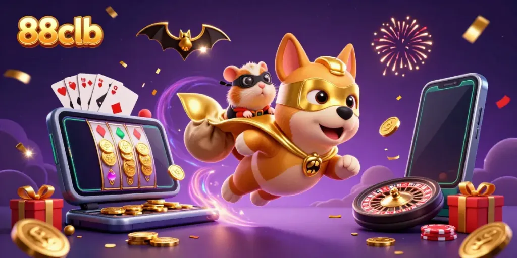 Experience the excitement of 88clb with a heroic dog and hamster amidst casino games.