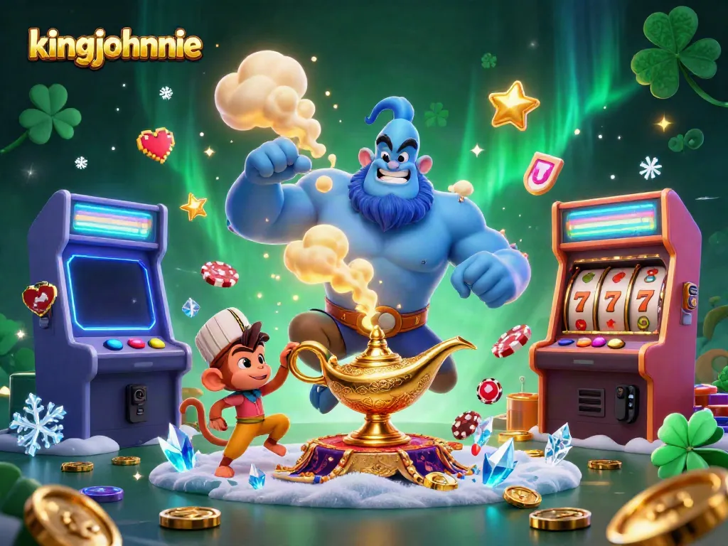 Kingjohnnie players enjoy slots with a giant genie and magical elements in a vibrant casino scene.