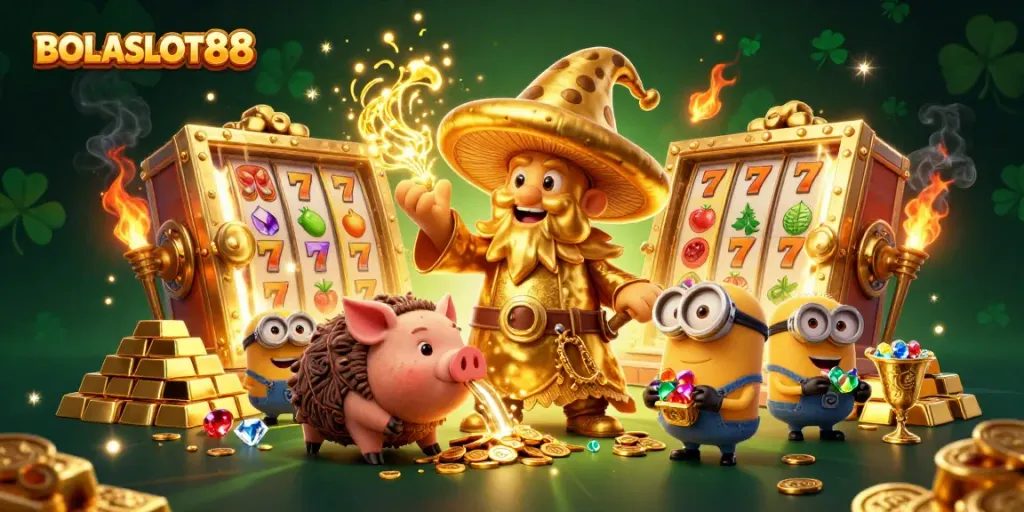 BOLASLOT88 highlights a magical scene with shimmering treasures and vibrant slot symbols.