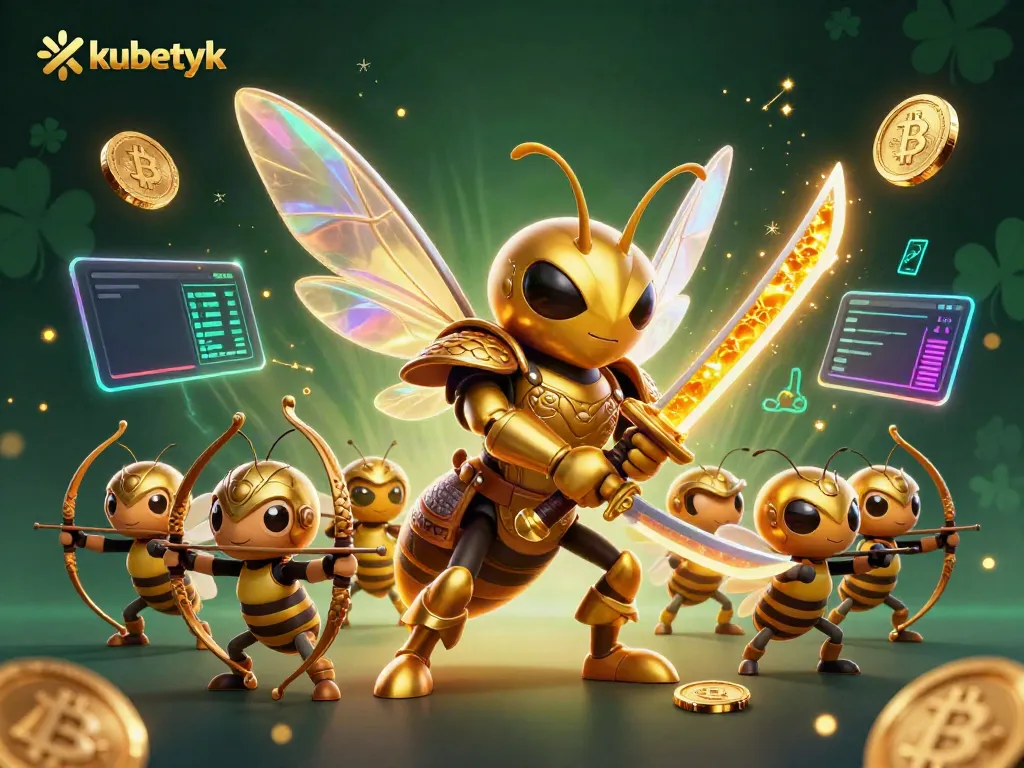 Kubetyk showcases a vibrant gambling scene with a samurai hornet and bee archers amidst glowing crypto elements.