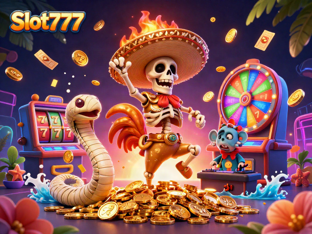 Play Slot777 with vibrant characters and exciting game elements, showcasing winning moments!