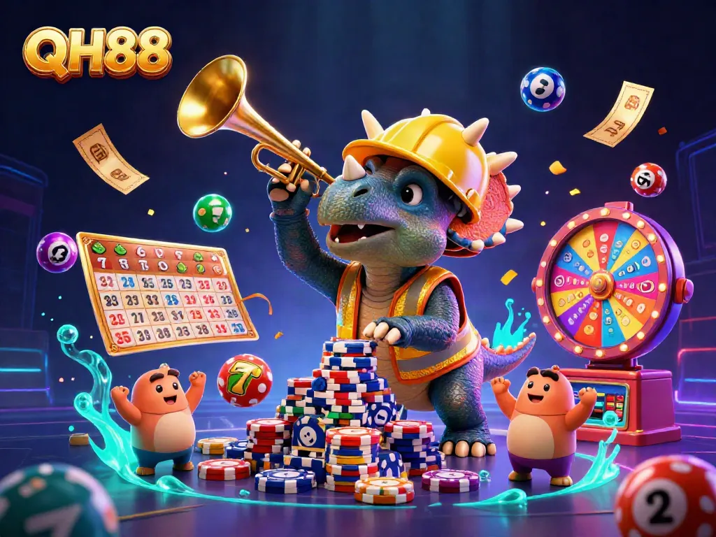 Celebrate QH88's vibrant casino atmosphere with a triceratops stacking poker chips amidst excitement.
