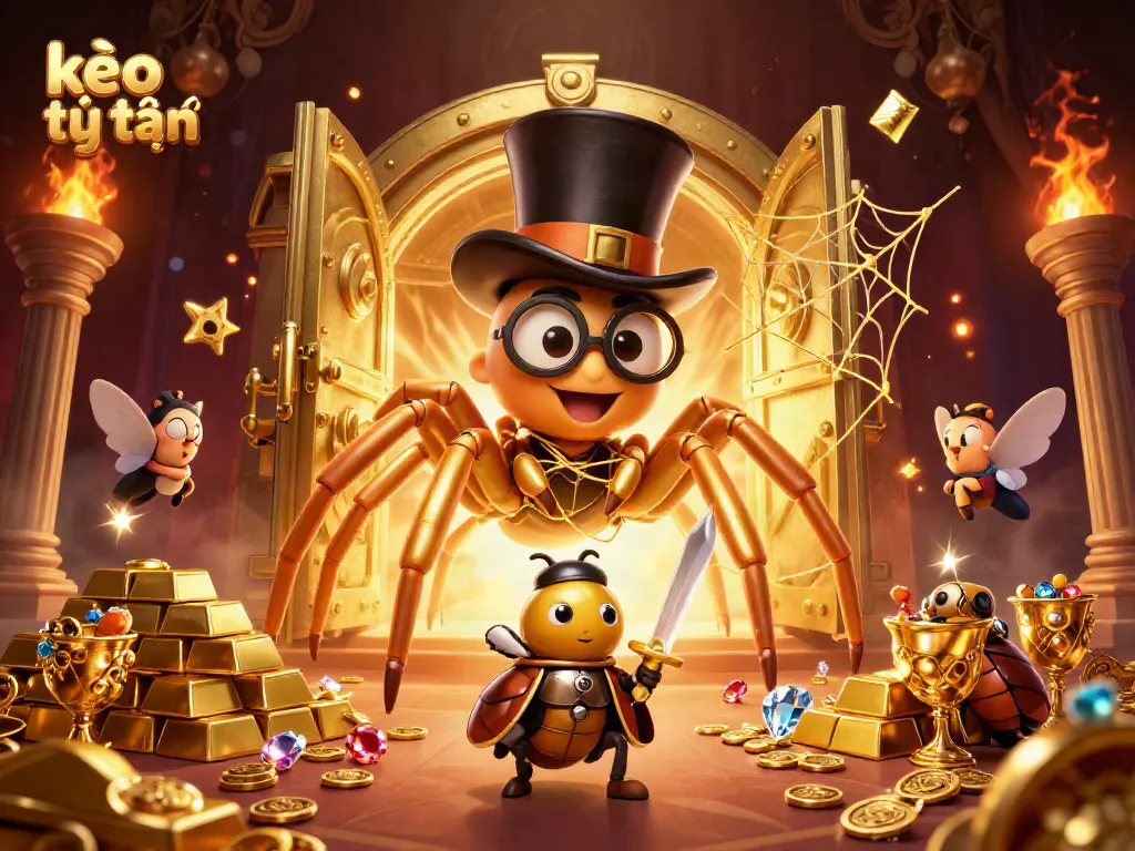Engage in kèo trực tuyến action surrounded by a golden tarantula, a beetle knight, and treasure.