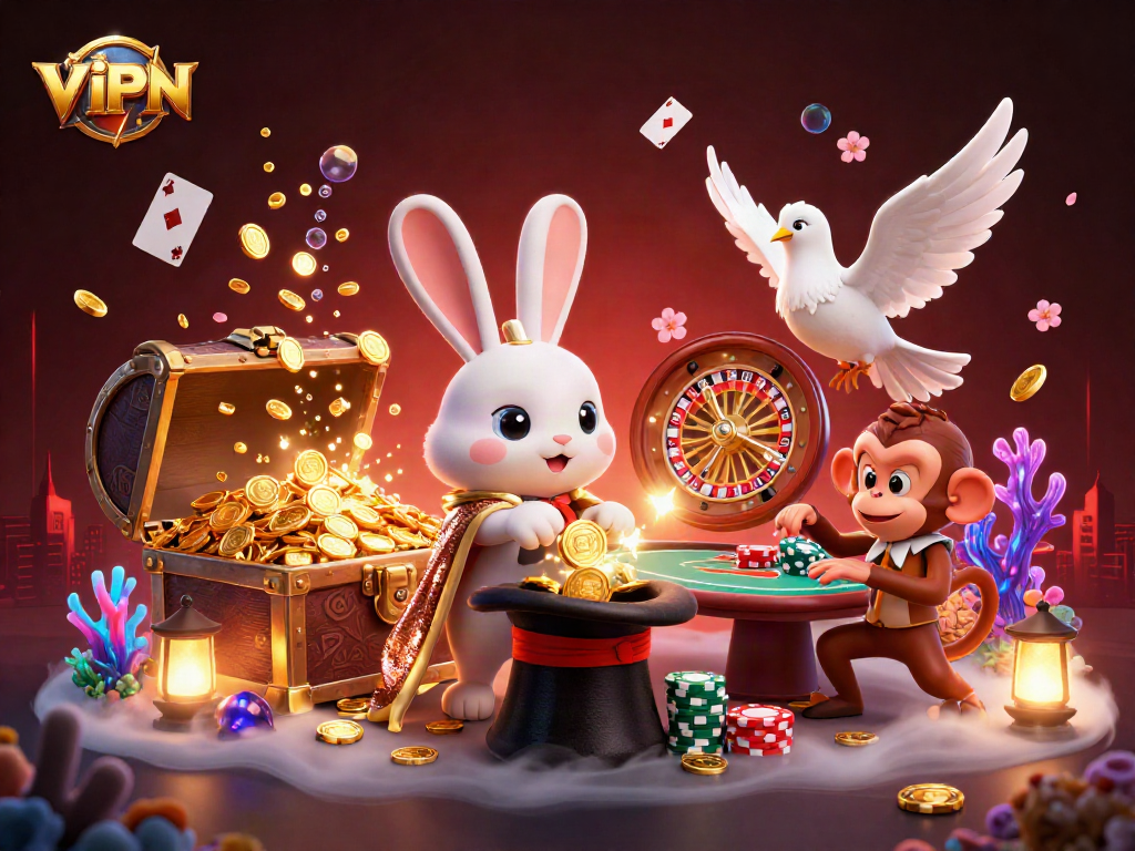 VIPWIN's dynamic scene showcases a magician rabbit and dove amidst poker elements, creating engaging gameplay.