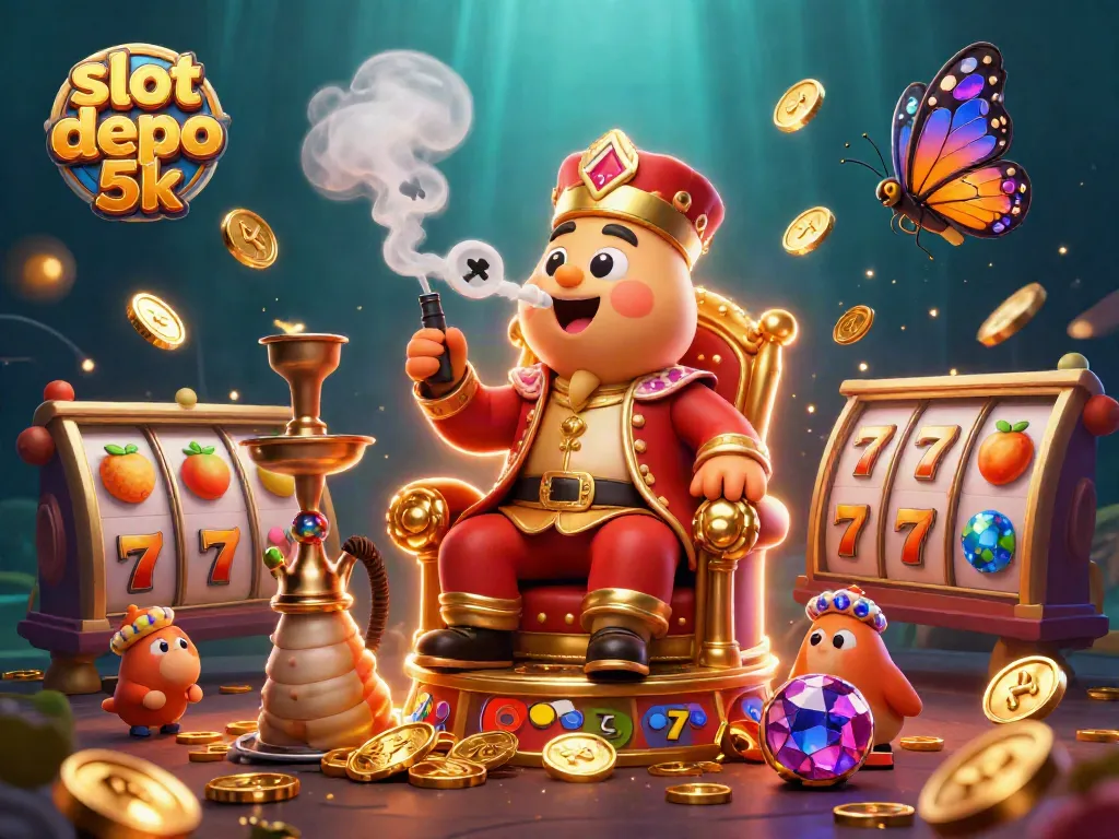 Engage with slot depo 5k through an elaborate casino scene featuring a hookah-master and colorful slot symbols.