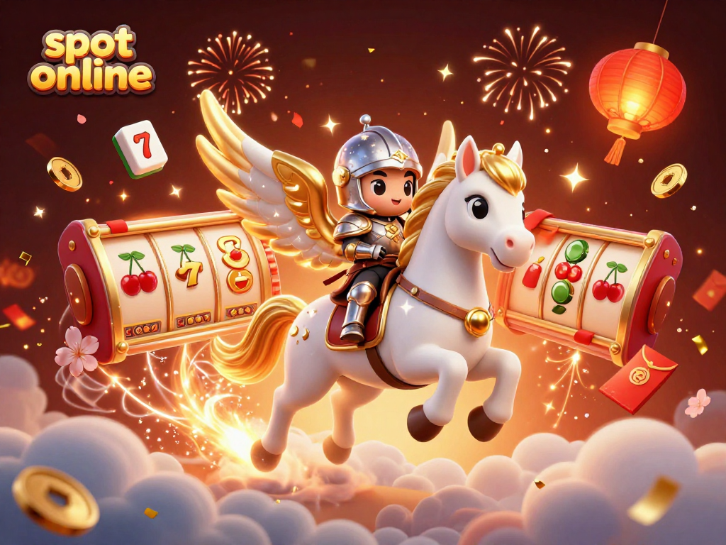 Menggali keseruan slot online dengan tampilan 3D ilustrasi kuda surgawi dan karakter ksatria mengelilingi simbol keberuntungan.