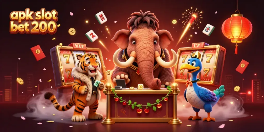 Experience excitement in apk slot bet 200 with a vibrant casino scene featuring unique characters.