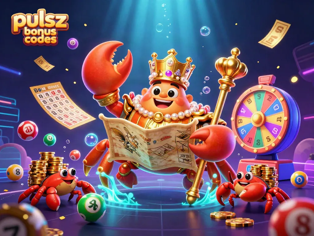 Engage with pulsze bonus codes while enjoying a vibrant 3D casino-themed scene featuring a golden crab emperor.