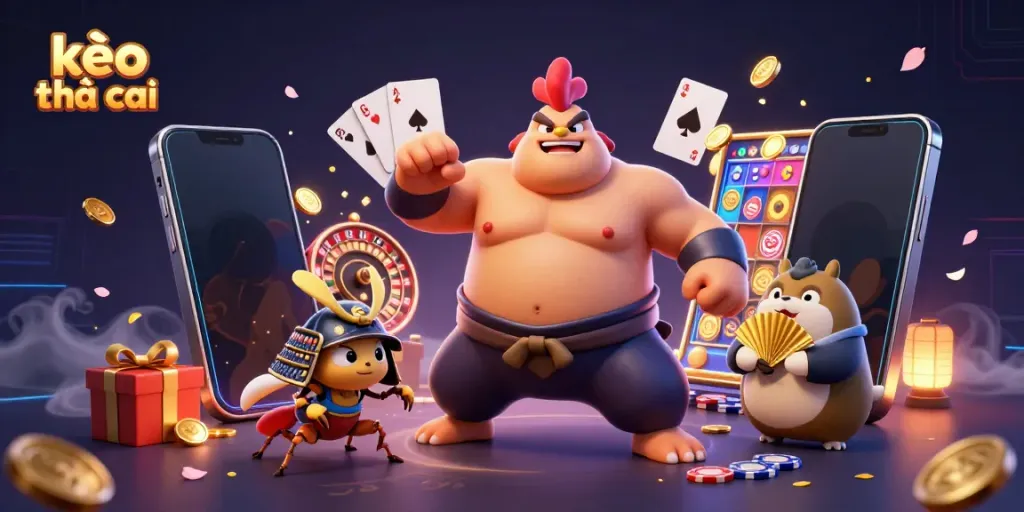 Experience the thrill of kèo nhà cái with a powerful sumo wrestler rooster and samurai cricket in a vibrant casino-themed illustration.