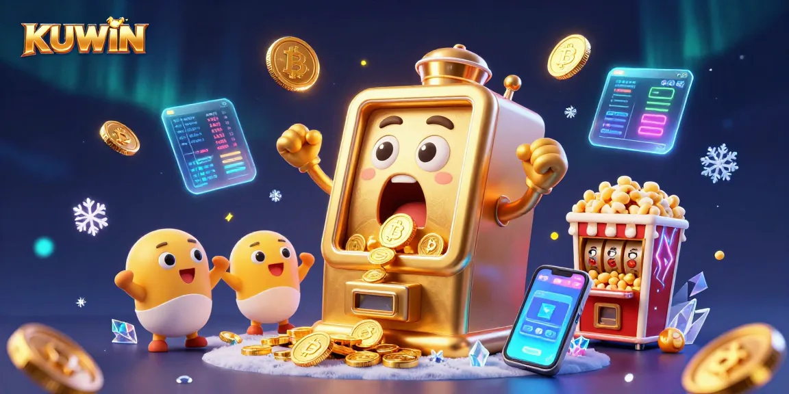 Kuwin slot machine hitting jackpot and showering coins with cheering baby machines in a vibrant casino scene