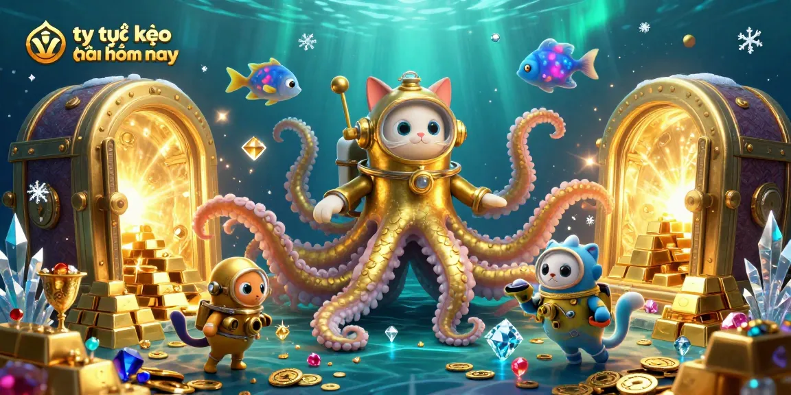 Tỷ lệ kèo nhà cái hôm nay highlighted in an immersive 3D scene with a kraken, diving cat, and glowing fish.