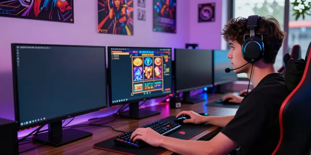 Player enjoying slot gacor hari ini on multiple screens in a vibrant gaming setup.