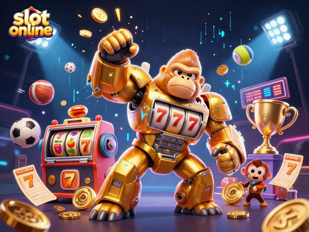 Experience the excitement of slot online games with a dynamic 3D golden gorilla mech and animated elements.
