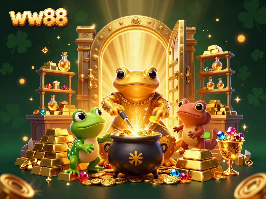 Experience the magic of ww88 as a golden salamander alchemist creates gold coins, amidst shimmering treasures.
