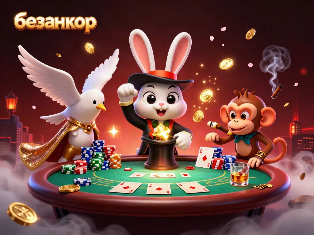 Experience the thrill of безанкор gaming with a magician pulling coins, a glamorous dove, and a mischievous monkey, surrounded by vibrant casino elements.