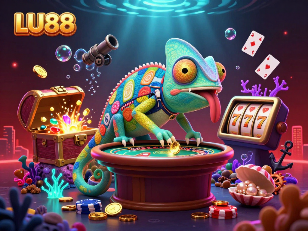LU88 chameleon casino owner capturing golden coins in a vibrant underwater casino scene.