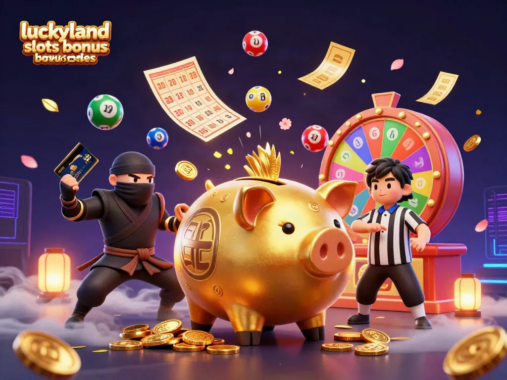 Spin to win big with LuckyLand Slots bonus codes in this vibrant 3D casino scene filled with action.