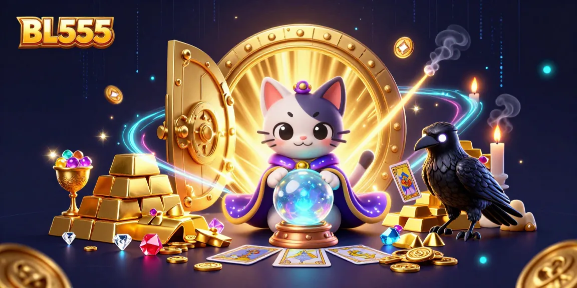 Engage with BL555's mystical gaming allure, featuring fortune teller cat, tarot raven, and treasure elements.