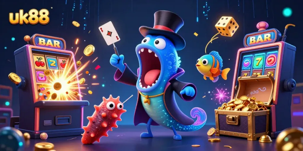 Experience the excitement of uk88 with a vibrant illustration featuring magical sea creatures at a casino.
