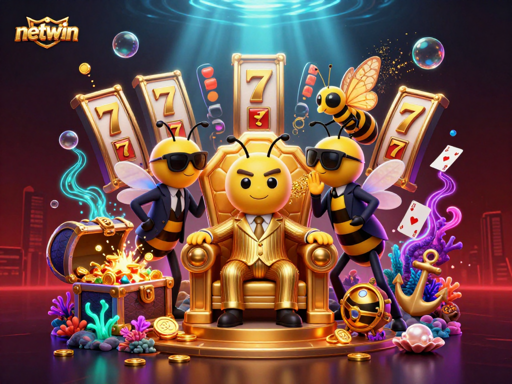 Experience the thrilling netwin vibe with a vibrant casino scene featuring a bumblebee mob boss.