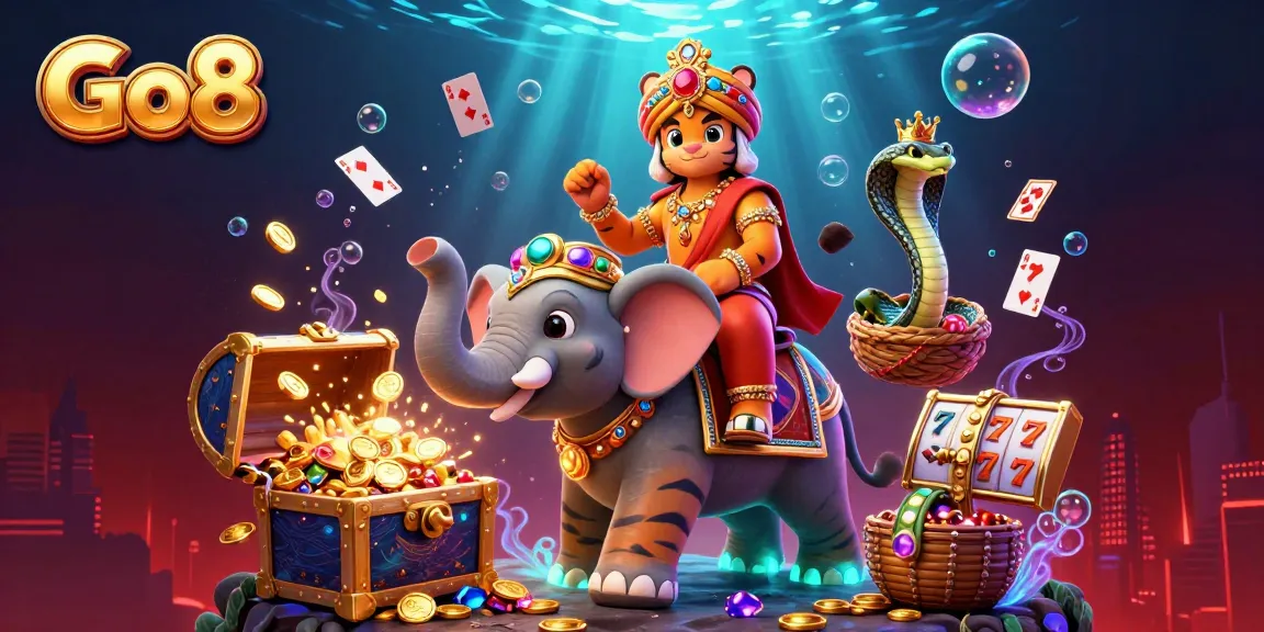 Experience the thrill of Go8 casino gaming with a vibrant 3D scene featuring majestic characters and slot action.