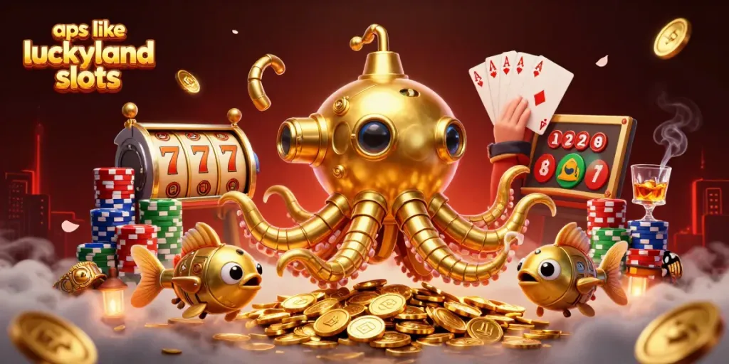Join the excitement at apps like luckyland slots with dynamic gaming scenes featuring gold coins and slot reels.