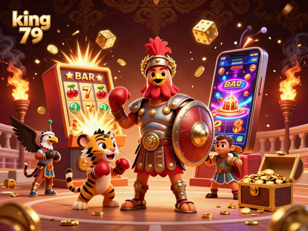 Feel the excitement of king 79 with a vibrant casino scene featuring characters and slots.