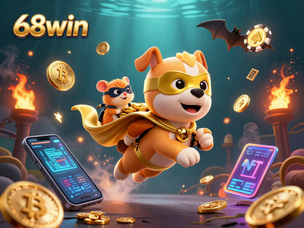 Engage in thrilling gameplay at 68win with a superhero dog and hamster featuring 3D coins and casino elements.