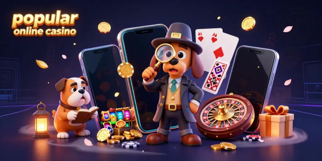 Experience the thrill at a popular online casino with a detective uncovering secrets amid vibrant game elements.