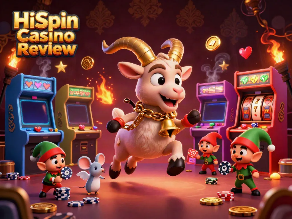Engage in thrilling gameplay with the festive atmosphere in this HiSpin Casino Review illustration, highlighting vibrant slot machines.