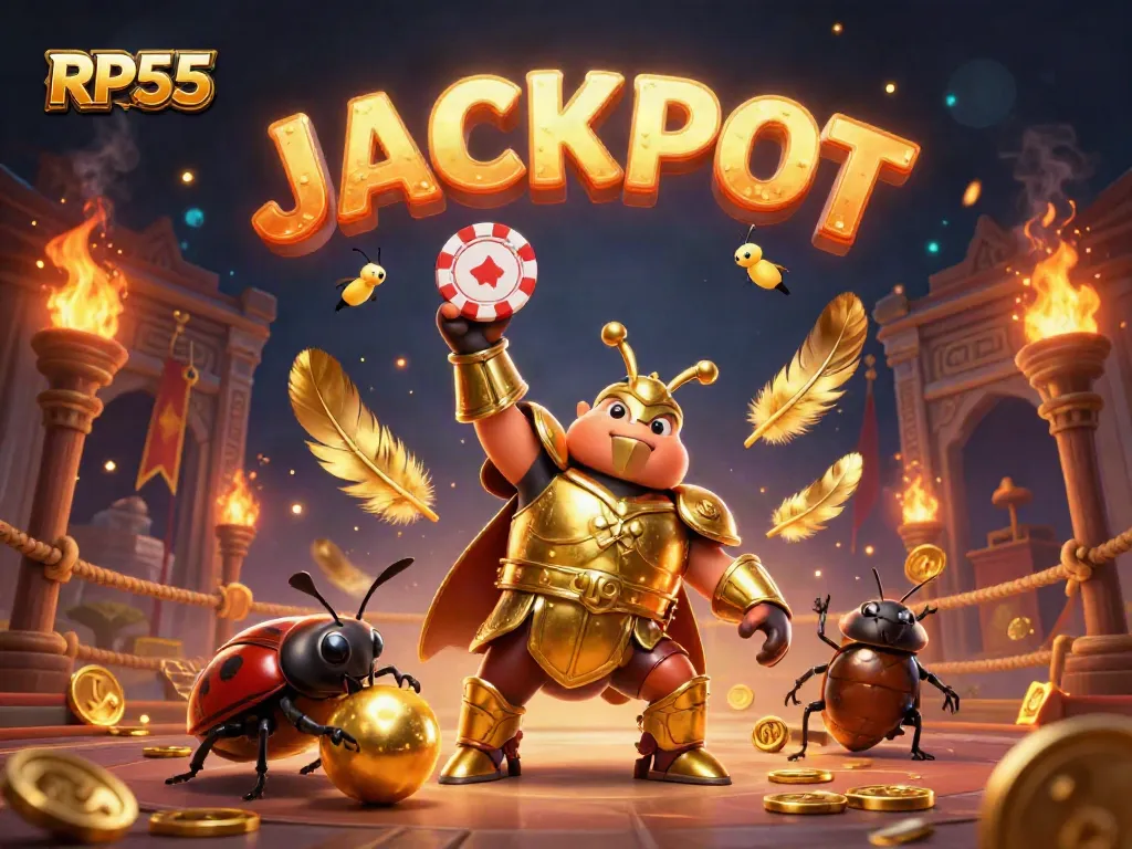RP55's winning transformation represented by a victorious beetle proudly lifting a poker chip amidst a magical casino landscape.