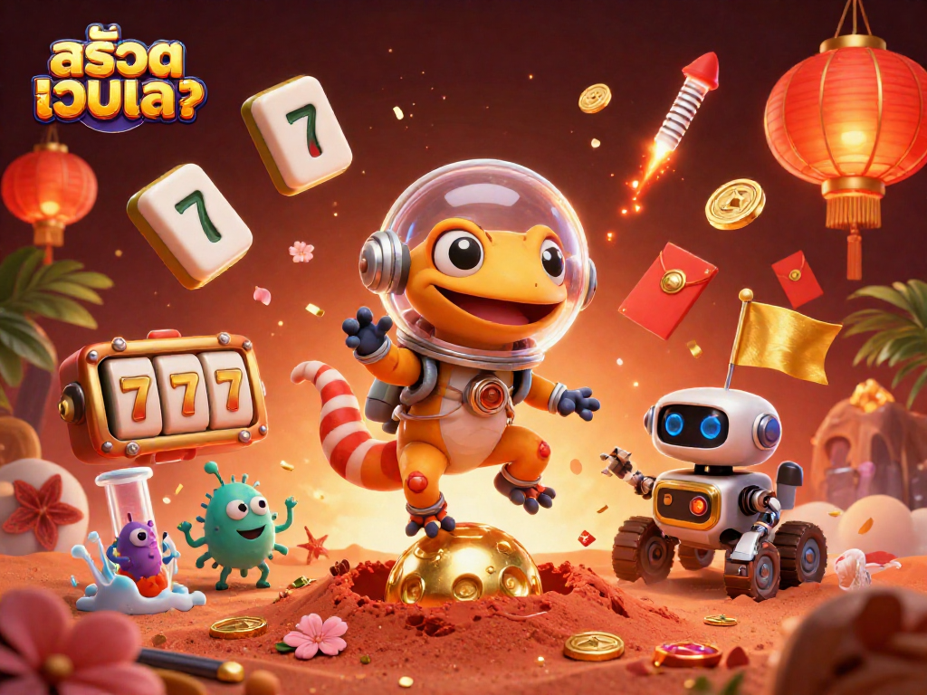 Engage with สล็อตเว็บตรง in this vibrant Martian scene featuring dynamic slot elements and winning symbols.