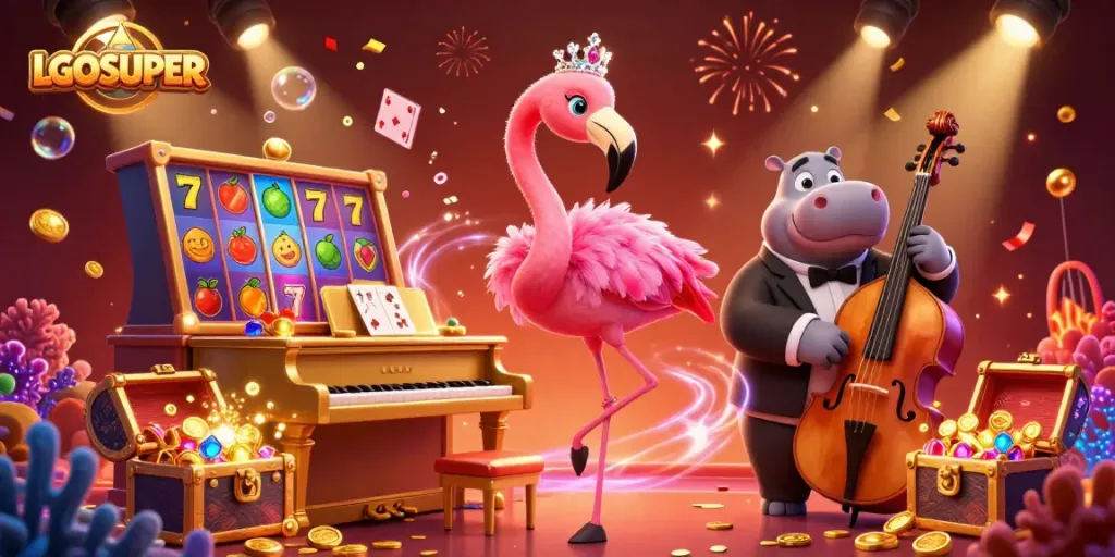 Engage with LGOSUPER's dynamic casino scene featuring vibrant characters and exciting slot elements.