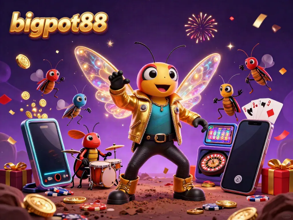 Bigpot88 features vibrant casino entertainment with a cicada rock star, celebrating with games and confetti.