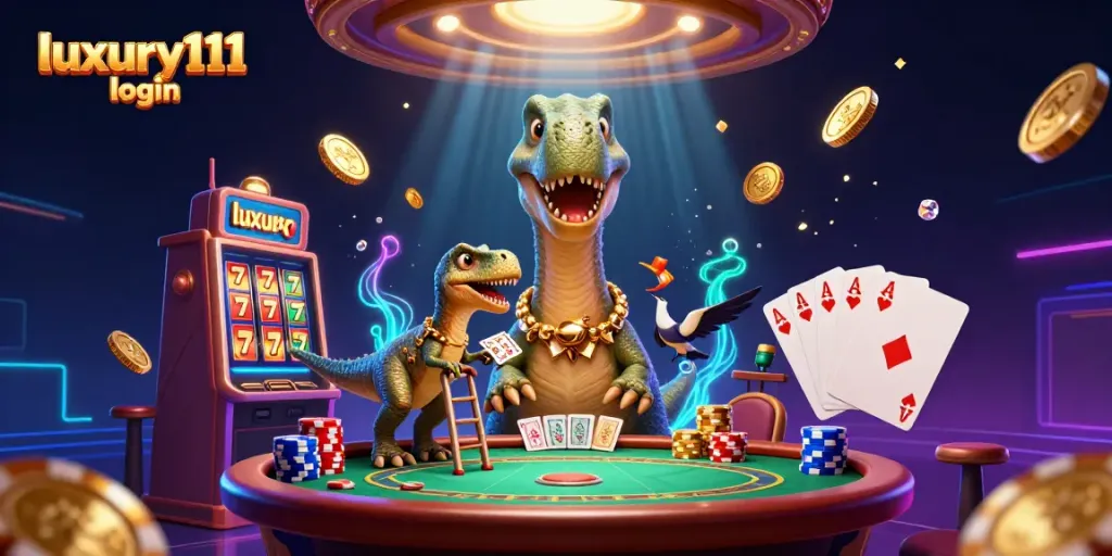 Engage with luxury111 login in a vibrant casino scene featuring a brontosaurus and raptor dealing cards.